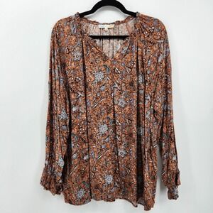 C&C California Women's 1X Long‎ Sleeve Floral Print Blouse Top Casual